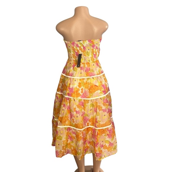 Lulus Sunlight Aura Orange Floral Strapless Tiered Midi Dress - Picture 10 of 11